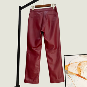 2026 Spring New Genuine Leather Pants Women Sheepskin High Waist Straight Pants Slim <b>fitting</b> Casual <b>Black</b> Leather Ankle Pants - Product Image 6