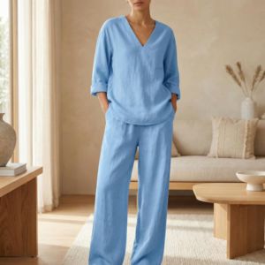 Custom Womens Linen Long Set – Breathable Long Sleeve V-Neck Top & Wide Leg Pants Casual Homewear Outfit - Product Image 3