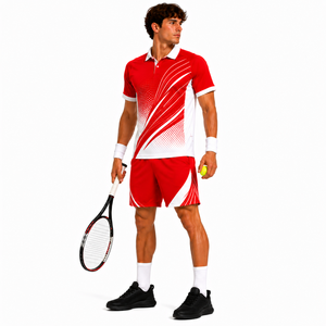 Conjunto de Camiseta y Pantalones Cortos de Tenis Sublimados Rojos y Blancos para Hombre, Transpirables, Ajuste Atlético, Ropa Deportiva de Verano, Personalizable para Equipos y Marcas - Product Image 5