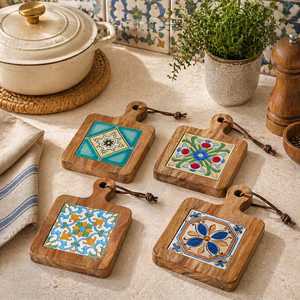 Sous-verres rectangulaires en bois, artisanaux, de style indien traditionnel et méditerranéen, résistants à la chaleur, pour la décoration de table, par UO INDIA CRAFT - Product Image 6