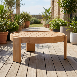Mesa de Centro Redonda Moderna de Madera de Teca con Tablero de Listones y Base de Madera Maciza Impermeable - Product Image 6