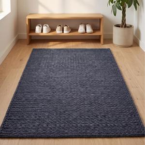 Modern Slate Blue Handcrafted Loop Pile Area <b>Rug</b>, Textured Woven Design, Elegant <b>Rustic</b> Floor Covering for Living Room Bedroom - Product Image 1