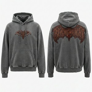 Custom Heavyweight Navy Blue Hoodie Vintage Acid Wash Distressed <b>Pullover</b> <b>Mens</b> Streetwear Embroidery Graphics Fleece Hoodies - Product Image 3