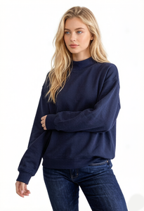 Sudadera Oversize Azul Marino para Mujer con Cuello Alto Simulado, de Forro Polar Premium Grueso, Manga Larga, Estilo Pullover, Top Casual Minimalista - Product Image 1
