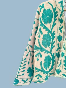 Robe longue kimono pour femme en coton 100% brodée de fleurs bleues, réversible, col en V, ceinturée, peignoir, vêtement d'intérieur, fait main - Product Image 4