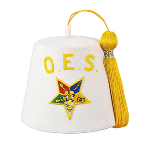 หมวกเฟซ OES สีขาวแบบสั่งทำพิเศษ พร้อมงานปักด้วยเครื่องจักรและพู่ห้อยสีทอง สำหรับพิธีกรรมอีสเทิร์นสตาร์ลอดจ์ - Product Image 5