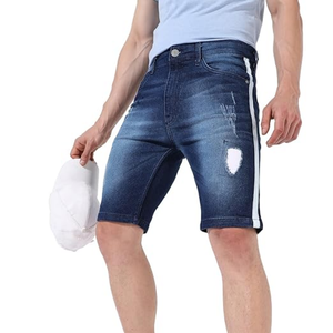 Shorts de Mezclilla para Hombre, Color Azul Medio, con Rayas Laterales, Desgastados, Corte Ajustado, Elásticos, de Algodón Resistente - Product Image 3