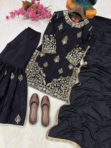 Ensemble Kurti Sharara brodé noir avec dupatta pour femme, tenue de soirée de mariage de créateur, costume ethnique avec travail de sequins Zari - Product Image 5