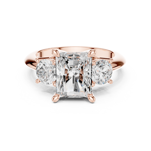 Anillo de Compromiso de Oro Rosa con Diamante Cultivado en Laboratorio de Corte Esmeralda y 3 Piedras, Anillo de Boda con Piedra Lateral Redonda para Mujer - Product Image 1