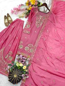 Ensemble Salwar Kameez en satin de soie brodé rose pour femmes, tenue ethnique indienne pakistanaise, robe de fête de mariage avec dupatta, séchage rapide - Product Image 5