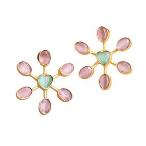 Pendientes de aro de latón a granel con flor natural, cristal curativo auténtico, chapados en rodio y oro de alto brillo, para fiesta de mujer - Product Image 1