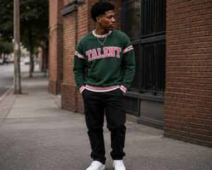 <b>Men's</b> Custom Green Crewneck Sweatshirt with <b>Pink</b> Chenille Varsity Lettering Striped Sleeves and Ribbed Hem - Product Image 4