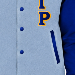Womens Light <b>Grey</b> Varsity Bomber <b>Jacket</b> Blue Sleeves Greek Letter Embroidery Gold Trim Snap Button Ribbed Collar Cuffs Casual - Product Image 5
