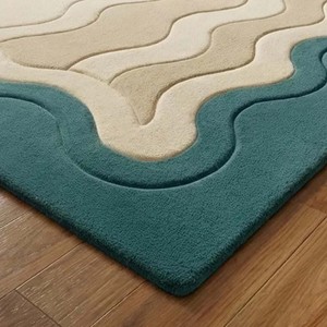 Tapis contemporain à bordures ondulées, bleu sarcelle et crème, en laine tuftée à la main, de luxe, pour salon moderne, chambre à coucher, décoration intérieure, pièce maîtresse - Product Image 2