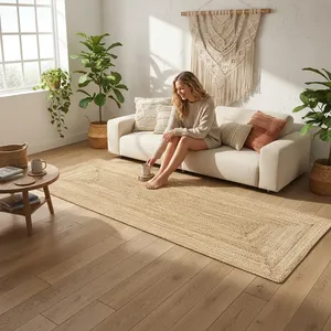 Tapis rectangulaire bohème en jute tressé, couleur unie, antidérapant, pour salon, à poils plats et fins, 100 % matériau organique - Product Image 1