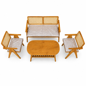 Juego de Muebles de Salón Modernos Escandinavos Malmo de Teca y Ratán con Acabado Miel, Mesa de Centro Ovalada Premium, Estante, Sofá de Mimbre, para Hotel o Salón, No Plegable - Product Image 4