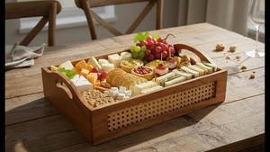 Handcrafted Wooden Storage Trays with Cane Weaving Natural Rattan <b>Box</b> with Handles Decorative Multipurpose Organizer Basket Set - Product Image 3