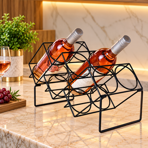 Soporte para Botellas de Vino de Hierro Negro, Diseño Geométrico de 6 Botellas con Marco Abierto para Barra de Barra o Comedor - Product Image 1