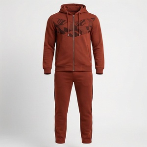 Conjunto Deportivo con Capucha para Hombre, Estampado Geométrico Rojo, Cierre Completo, Ropa Deportiva Informal de Poliéster y Algodón para Otoño - Product Image 1