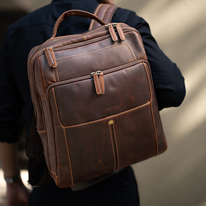 Sac à dos pour ordinateur portable, sac à dos vintage en cuir véritable pour hommes, sac à bandoulière à fermeture éclair de grande capacité - Product Image 1