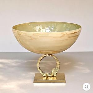 Modern Brass Candle Holder with Beige Marbled Bowl and Ring Base Decorative <b>Lighting</b> for Living Room - Product Image 2