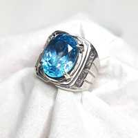 Topaze bleue naturelle, coupe ovale, certifiée IGI, pour bague unisexe vintage en argent sterling 925 plaqué rhodium, fabrication artisanale, cadeau de luxe