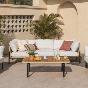 Contemporary Scandinavian Design Solid Oak Outdoor Sofa Set 4 Seater Weather Resistant Garden Furniture Steel Frame Beige - Product Image 3