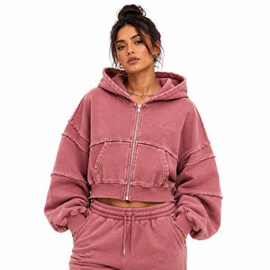 ONE APEX Women's Oversized Cropped <b>Zipper</b> Hoodie Jogger Set Breathable Heavyweight French Terry Cotton Vintage Acid Wash Winter - Product Image 1