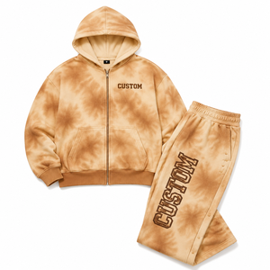 Sudadera con capucha y cremallera para hombre, beige, teñido anudado, efecto desgastado por el sol, de forro polar grueso, conjunto de chándal, ropa urbana, marca privada, OEM, venta al por mayor - Product Image 3