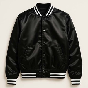 Veste bomber varsity noire pour homme, coupe-vent, boutons pression, col montant, style décontracté, automne, matière satinée, vestes pour homme - Product Image 1