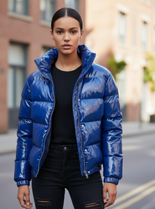 Chaqueta Acolchada de Algodón con Brillo Intenso, Cálida y Acolchada, con Frente Tejido, Personalizada, para Mujer, Azul, 2021, para Invierno - Product Image 4