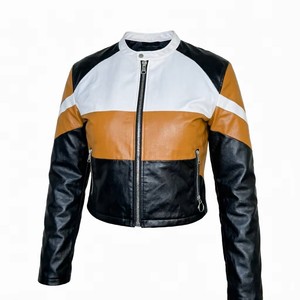 Blouson de motard en cuir véritable pour femme, col montant, fermeture éclair, style color block, court - Product Image 1