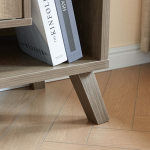 Mobiletto Libreria Compatto a Due Ante con Quattro Ripiani Aperti, Credenza Espositiva con Gambe Svasate in Legno e Pomelli in Metallo per Soggiorno - Product Image 4