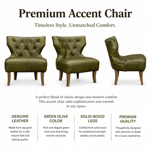 50% OFF Genuine Leather Accent Chair Premium Olive Green Lounge Chair with Solid Wood Legs Luxury Living Room Furniture - Product Image 3