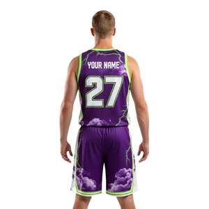 Conjunto de Camiseta y Pantalones Cortos de Baloncesto para Hombre, Cuello en V, Sin Mangas, Estampado de Nubes y Rayos, Borde Lateral en Contraste, Nombre y Número del Equipo Personalizados - Product Image 2
