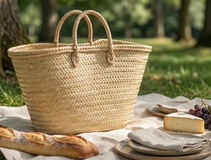 <b>Large</b> Handmade Moroccan Straw Basket Tote, Woven Palm Market <b>Bag</b>, <b>Beach</b> & Storage Basket, Short or Long Straw Handles - Product Image 3