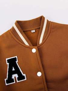 Veste universitaire marron et blanche pour homme, col rabattu, fermeture boutonnée, style preppy, coupe classique, couleur unie, design patchwork, automne - Product Image 4