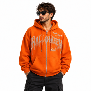 Sweat-shirt à capuche zippé surdimensionné pour homme, orange, avec strass imprimés, en coton épais, style streetwear décontracté - Product Image 1