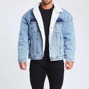 <b>Customized</b> Design Men's <b>Denim</b> Rain <b>Jacket</b> with Solid Breathable Button Front Fashionable Stand Collar for Boys - Product Image 1
