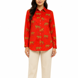Camisa Casual con Estampado Floral para Mujer, Hecha a Mano con Tela de Algodón Suave, Cuello con Botones, Transpirable, para Verano, Roja y Blanca, en Oferta - Product Image 1