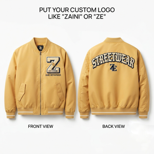Blouson Bomber Homme 320 GSM Coton Polyester Polaire Beige Logo Personnalisé Broderie Chenille Étiquette Tissée Qualité Supérieure - Product Image 1