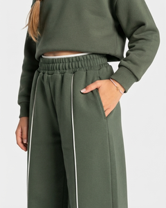 Ensemble de survêtement vert contrastant surdimensionné pour filles, en molleton de coton, avec sweat à capuche et pantalon large, OEM & ODM - Product Image 4