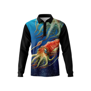 เสื้อโปโลแขนยาวสำหรับผู้ชาย สีชมพู-น้ำเงิน พิมพ์ลายปลาด้วยเทคนิค Sublimation ป้องกันแสงแดด UPF 50 แห้งเร็ว ผลิตจากโพลีเอสเตอร์ 100% - Product Image 5