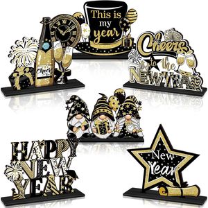 Set di 6 Decorazioni da Tavola per Capodanno 2026, Centrotavola in Legno Nero e Oro, Accessori per Feste di Natale e Capodanno - Product Image 1