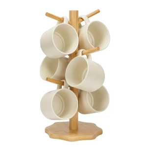 Wooden Mug <b>Tree</b> <b>Stand</b> With Six Ceramic Mugs Rustic Artistic Handcrafted Minimalist Modern Kitchen Dining Home Office Organize - Product Image 1