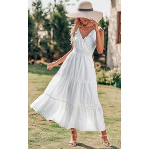Vestido Largo de Verano Personalizado para Mujer, Cuello Cruzado, Sin Mangas, con Volantes, Estilo Informal, para la Playa, con Tirantes, Fruncido, Plisado, para la Noche - Product Image 1