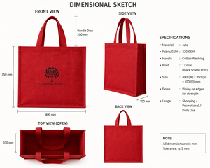Sac fourre-tout en jute rouge 400x350x100mm avec poignée en sangle de coton et bordure passepoilée pour usage quotidien - Product Image 2
