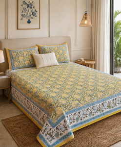 High Quality Jaipuri Hand Block Printed Modern Design Pure Cotton Yellow Bed <b>Sheet</b> Set Indian Print Super <b>King</b> <b>Size</b> 108"X108" - Product Image 1