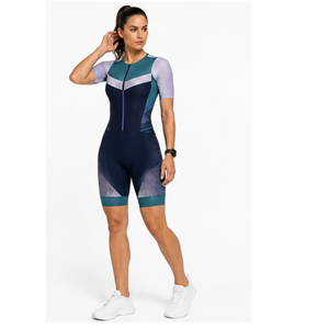 Combinaison de triathlon pour femme, bleu marine, motif géométrique violet, manches courtes, sans couture, respirante, compression ajustée, réversible - Product Image 2