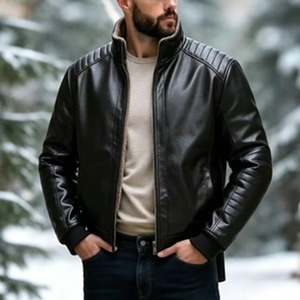 Chaquetas de Motociclista de Cuero para Hombre, Forradas de Felpa para Invierno, Chaqueta de Motocicleta a la Moda, Ropa Deportiva para Senderismo y Actividades al Aire Libre, Cuello Alto con Cremallera - Product Image 5